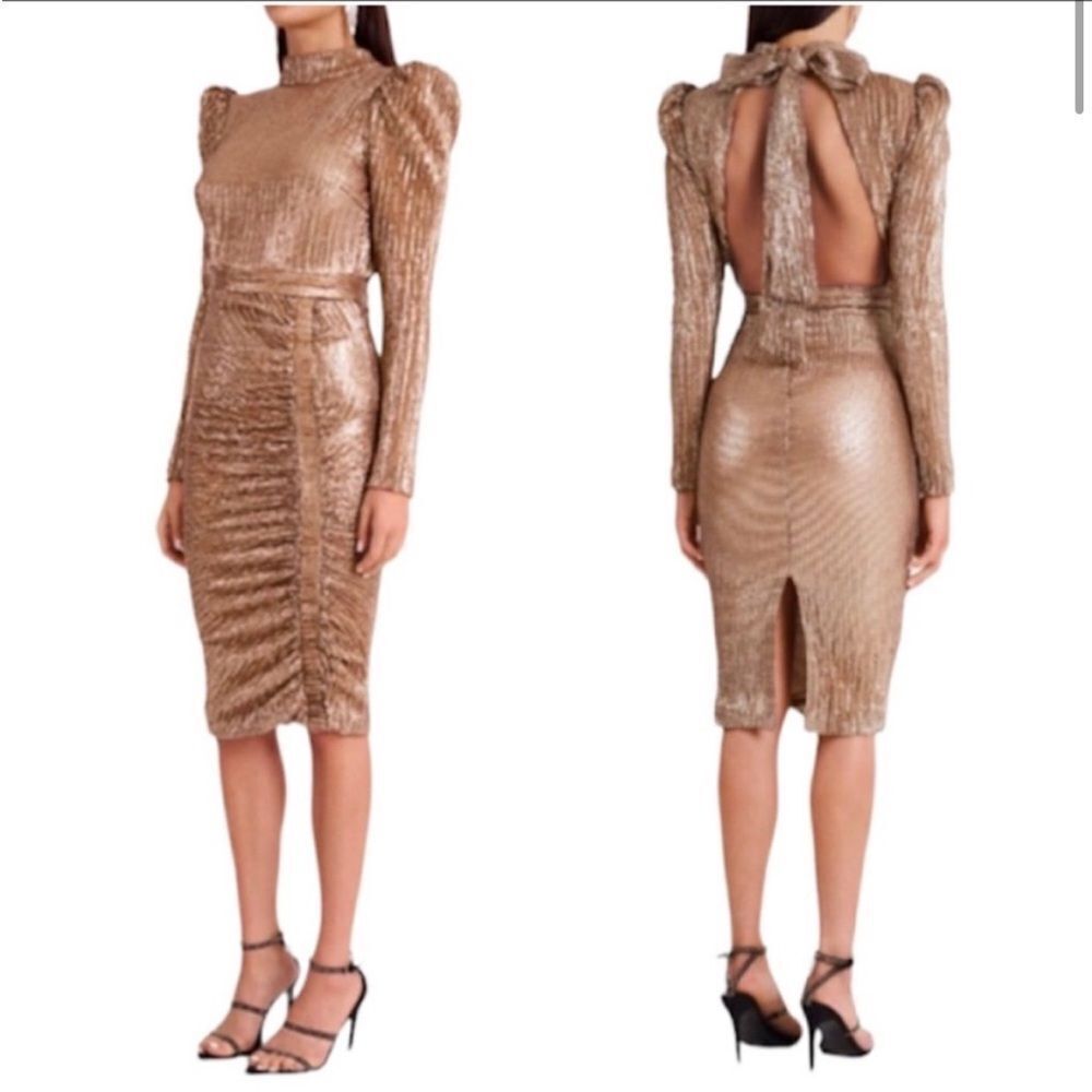 LAVISH ALICE‎ GOLD SEQUIN OPEN BACK DRESS - SIZE 12 long sleeve midi bow detail